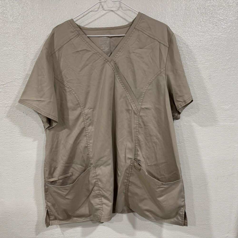 Cherokee Workwear Revolution Mock Wrap Scrub Top Women's 2XL Khaki Tan Uniform